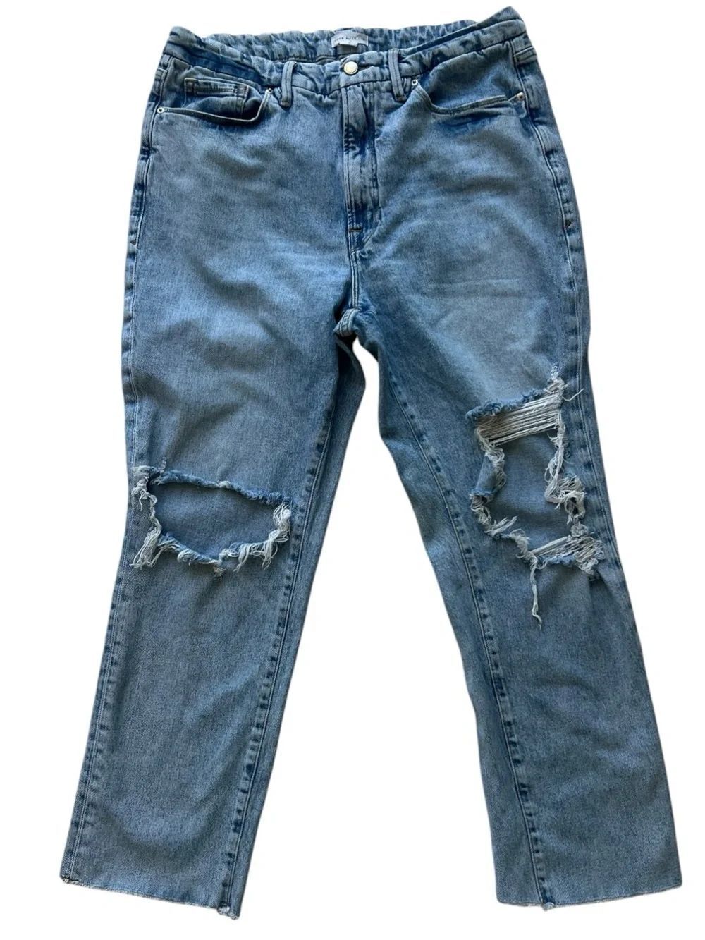 Good American sz 15 Distressed Straight Leg Jeans Light Wash Raw Hem Crop Grunge